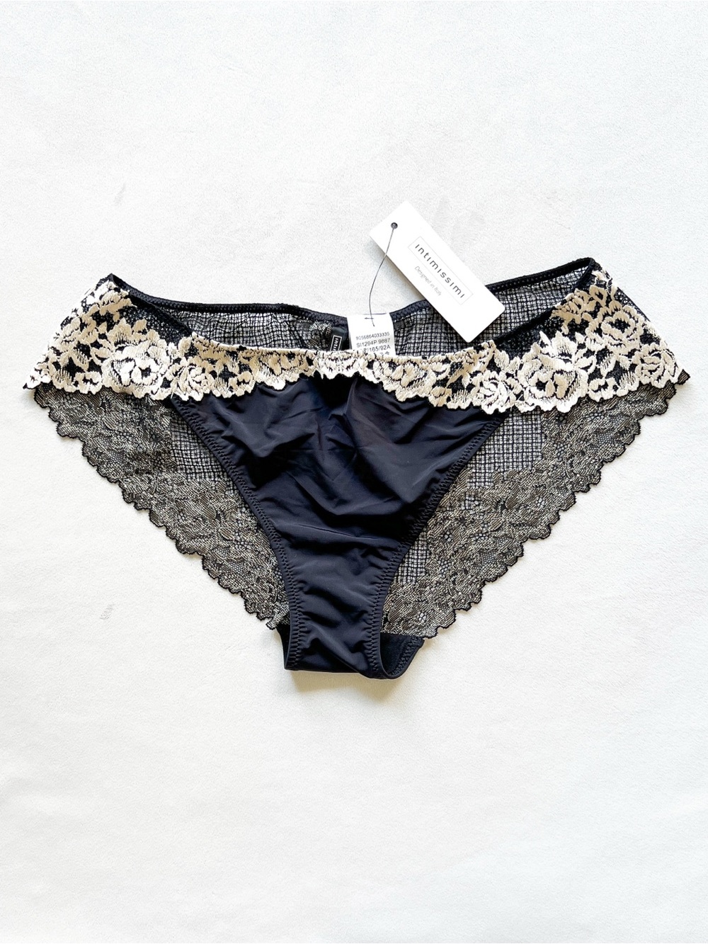 intimissimi Black Bikini Brief with Cream Floral Lace Trim - Medium